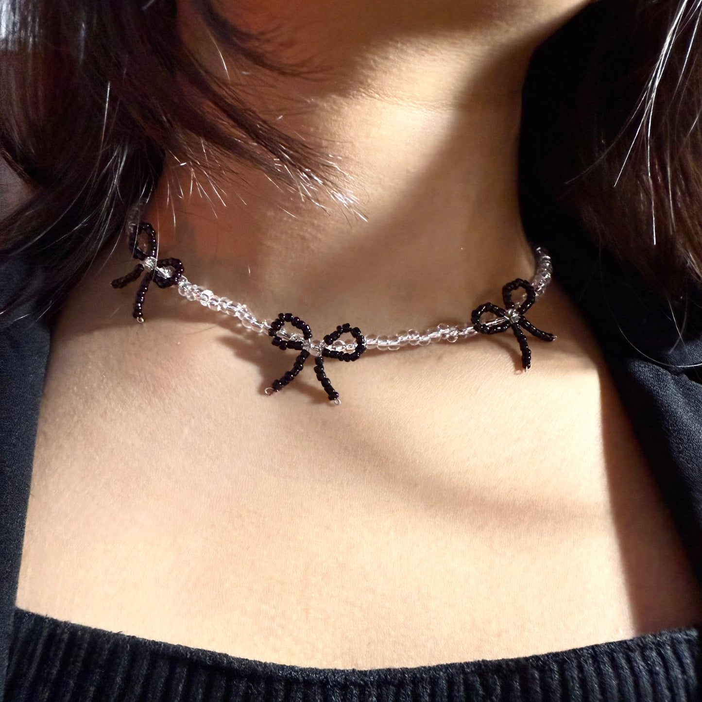 Black bow beaded choker